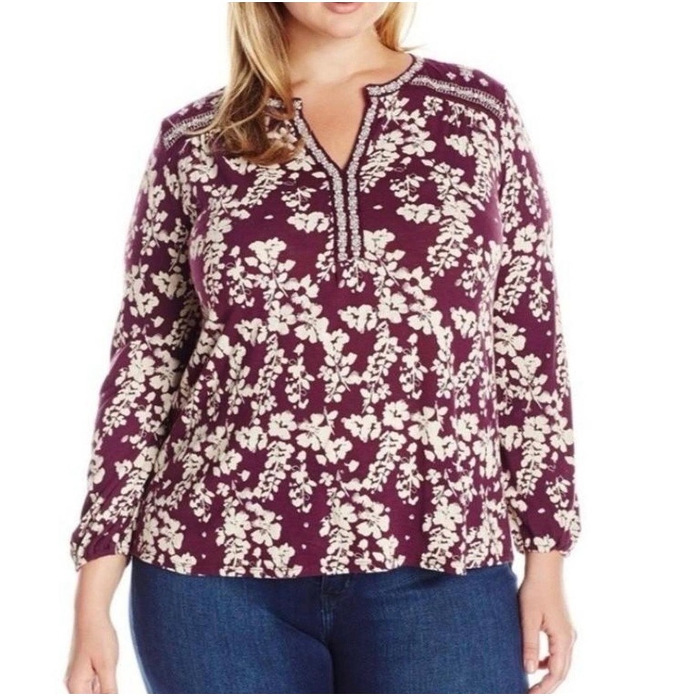 Lucky Brand Women's 2X Purple Floral Boho Peasant Top Embroidered Long Sleeve